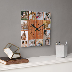 Horloge Carrée Famille de collage photo personnalisé rustique