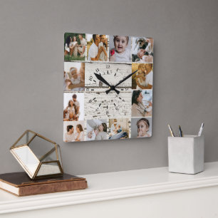 Horloge Carrée Famille de collage photo personnalisé rustique