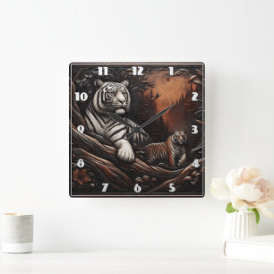 Horloge Carrée Famille De Tigre Du Bengale Parmi Le Liquide Fores