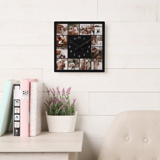 Horloge Carrée Famille moderne 12 Photo Collage Black Keepsaké (Salle de lecture)