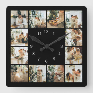Horloge Carrée Famille moderne 12 Photo Collage Black Keepsaké Sq