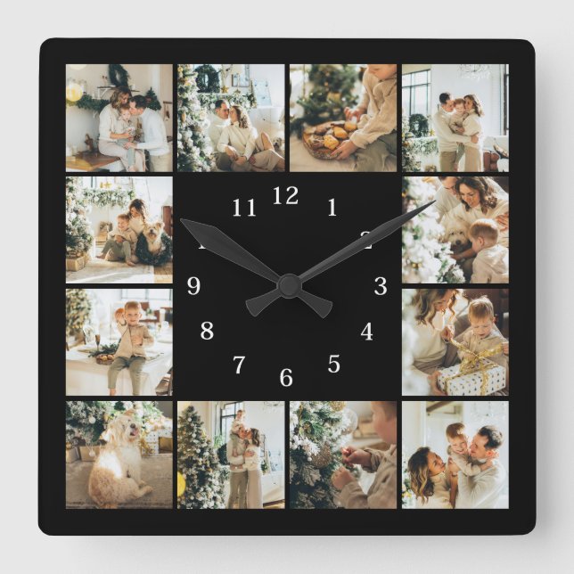 Horloge Carrée Famille moderne 12 Photo Collage Black Keepsaké Sq (Recto)