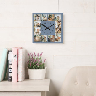 Horloge Carrée Famille moderne 12 Photo Collage Dusty Blue Keepsa