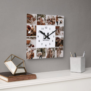 Horloge Carrée Famille moderne 12 Photo Collage   Monogramme