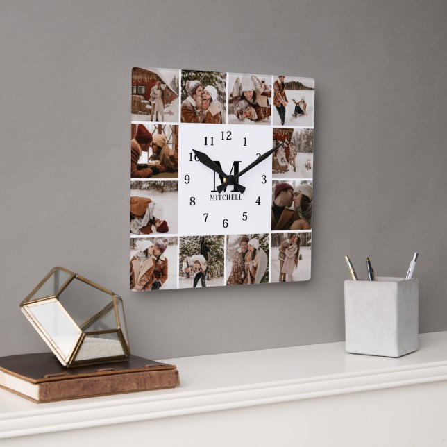 Horloge Carrée Famille moderne 12 Photo Collage | Monogramme (Bureau)