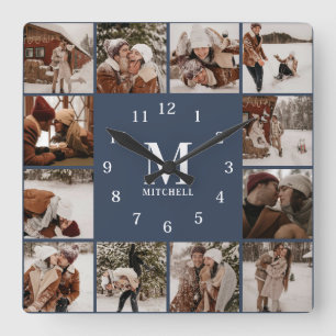 Horloge Carrée Famille moderne 12 Photo Collage Monogramme Marine