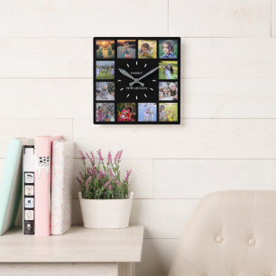 Horloge Carrée Famille noire moderne photo collage nom monogramme