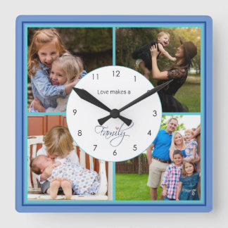 Horloge Carrée Famille Photo Collage Carré Bleu