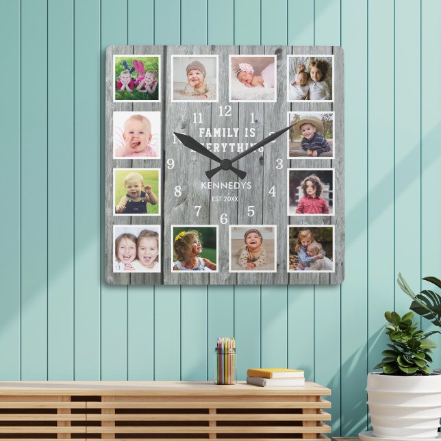 Horloge Carrée Famille Tout 12 Photo Collage Gris Bois (Créateur téléchargé)