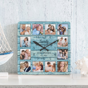 Horloge Carrée Famille Tout Citer Photo Collage Bleu