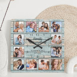 Horloge Carrée Famille Tout Citer Photo Collage Bleu<br><div class="desc">Créez facilement votre propre horloge murale personnalisée en bois flotté bleu rustique planches de lac style maison avec vos photos personnalisées. Le design comporte également une belle citation manuscrite : "La famille est tout". Pour obtenir de meilleurs résultats, recadrez les images vers le carré - avec le point de mire...</div>