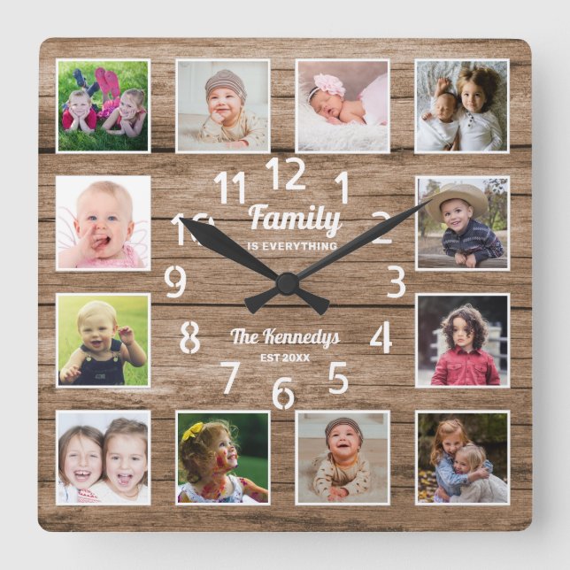 Horloge Carrée Famille Tout Citer Photo Collage Grange Bois (Recto)