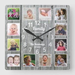 Horloge Carrée Famille Tout Citer Photo Collage Gris Bois