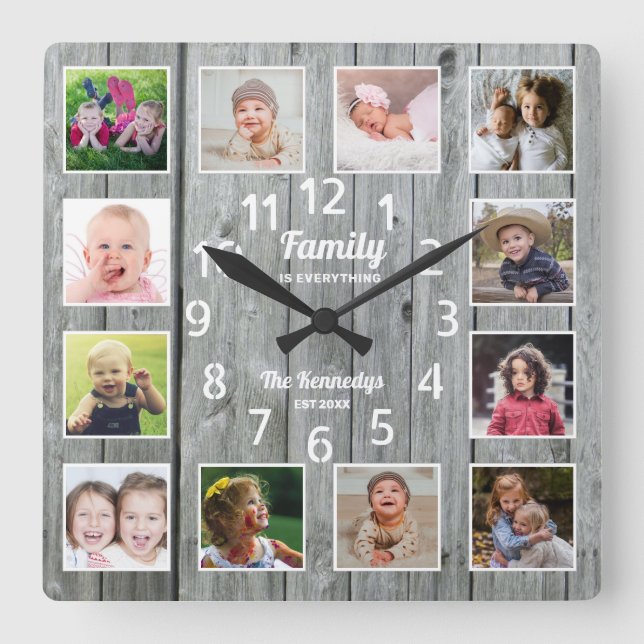 Horloge Carrée Famille Tout Citer Photo Collage Gris Bois (Recto)