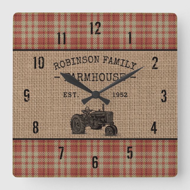 Horloge Carrée Family Farmhouse Rustic Tractor Red Plaid (Recto)