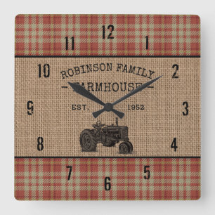 Horloge Carrée Family Farmhouse Rustique Tracteur Red Plaid Burla