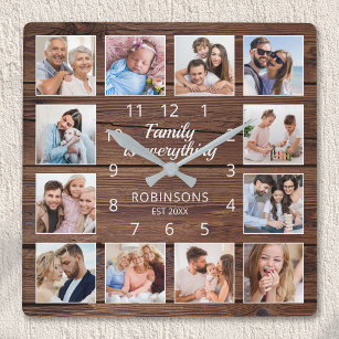 Horloge Carrée Family Is Everything Quota Photo Collage Rustic