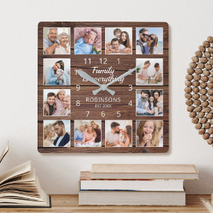 Horloge Carrée Family Is Everything Quota Photo Collage Rustic