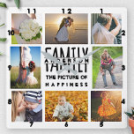 Horloge Carrée Family Photo Collage Ajouter un nom Modèle | 8 ima<br><div class="desc">Cette horloge carré de collage photo de famille moderne et élégante est entièrement personnalisable. Ajoutez un total de 8 photos en utilisant les modèles fournis. L'espace design est aménagé pour inclure 4 photos de style Instagram carré dans les coins, ainsi que 2 photos horizontales / paysage et 2 photos verticales...</div>