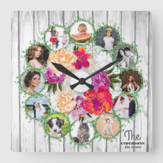 Horloge Carrée Family photo collage around bouquet of flowers