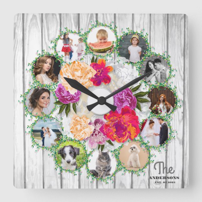 Horloge Carrée Family photo collage around bouquet of flowers (Recto)