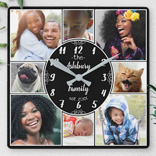 Horloge Carrée Family photo Collage Instagram Picture Oval Nom B