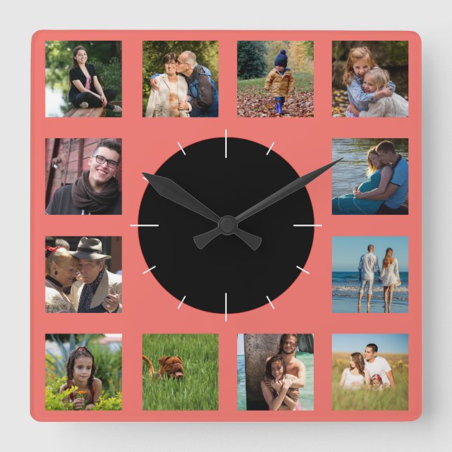 Horloge Carrée Family Photo Collage Monogram (Recto)