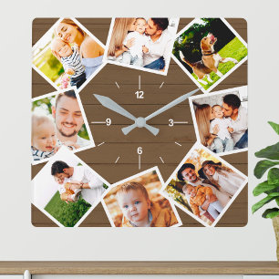Horloge Carrée Family Photo Collage Rustic Farmhouse Brown