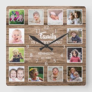 Horloge Carrée Family Quote 12 Photo Collage Reclaimed Wood