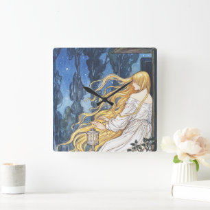 Horloge Carrée Fantaisie Conte de Fées Vintage Rapunzel Art Nouve