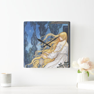 Horloge Carrée Fantaisie Conte de Fées Vintage Rapunzel Art Nouve