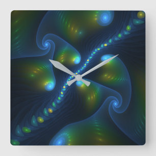 Horloge Carrée Fantasy Lights Abstract Blue Green Yellow Fractal
