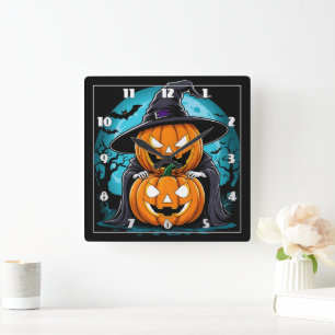 Horloge Carrée fantôme d'Halloween avec des citrouilles sous le c