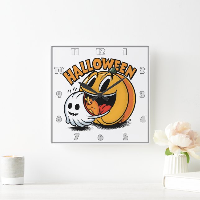 Horloge Carrée Fantôme et citrouille fêtent Halloween ! (Maison)