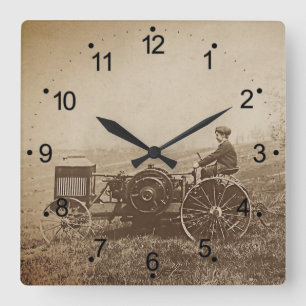 Horloge Carrée Farm Boy & Antique Tracteur Brown