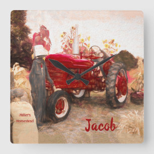 Horloge Carrée Farm Tractor Red Vintage Rustic Autumn Harvest