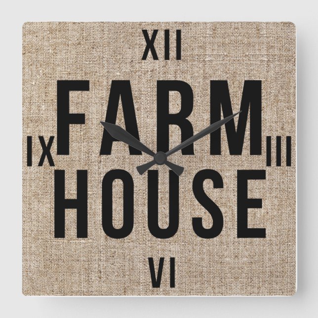 Horloge Carrée FARMHOUSE lettrage noir toile de jute rustique (Recto)