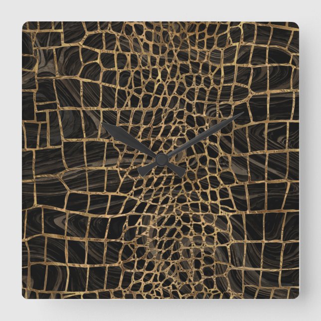 Horloge Carrée Faux Crocodile Black Liquid Marble and gold (Recto)