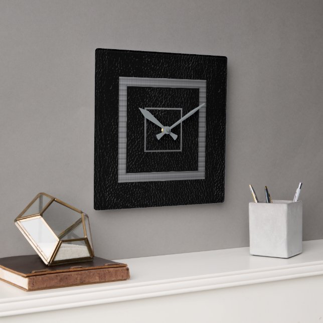 Horloge Carrée Faux Cuir Noir Gris Moderne  (Bureau)