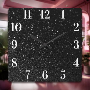 Horloge Carrée Faux Numéros Blancs Pailletés Noirs Élégants Moder