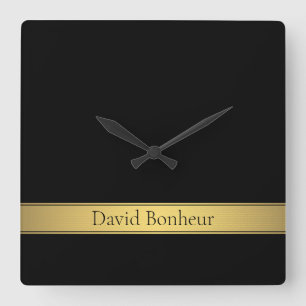 Horloge Carrée Faux or élégant rayé or fond noir ou DIY