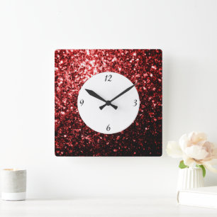 Horloge Carrée Faux paillettes rouge foncé scintillent Glamour av