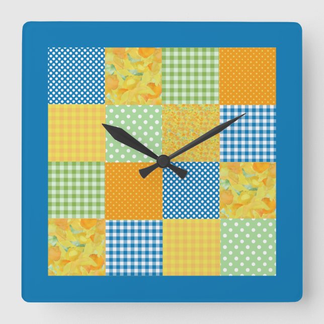 Horloge Carrée Faux-Patchwork, Daffodiles, Polkas, Chèques sur Bl (Recto)