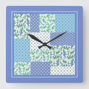 Horloge Carrée Faux Patchwork Snowdrops Blue Green et Polkas