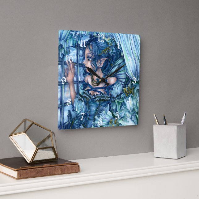 Horloge Carrée Fée de givre vue d'un hiver saphir (Bureau)