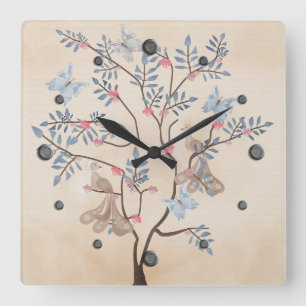 Horloge Carrée Fée imaginaire oiseaux fleurs beige grunge rétr
