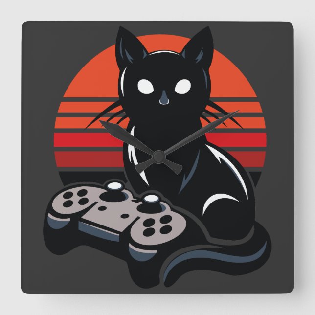 Horloge Carrée Feline Gamer : Les Chroniques du contrôleur Pawsom (Recto)