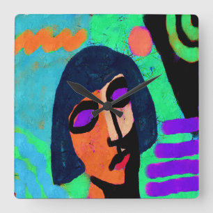 Horloge Carrée Femme avec Bob Haircut Art Abstrait
