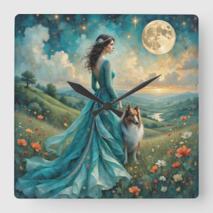 Horloge Carrée Femme en Robe Turquoise et Sable Rough Collie