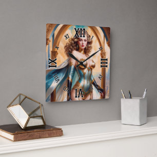 Horloge Carrée Femme en tenue opulente d'or et de turquoise par X